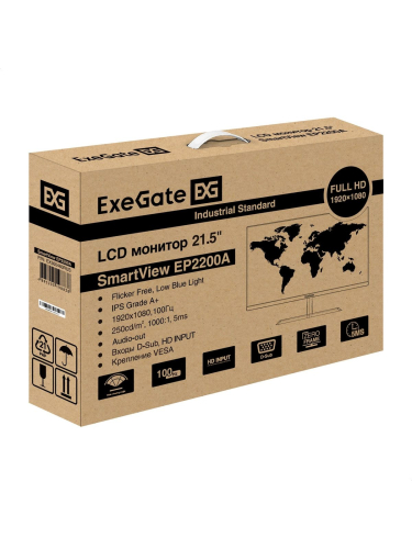 Монитор 21.5" ExeGate SmartView EP2200A {IPS 1920x1080 100Hz 5ms 16:9 250cd 1000:1 178/178 D-Sub HDMI audio-out Flicker-free VESA} [EX300460RUS]