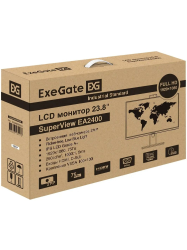 Монитор ExeGate 23.8" SuperView EA2400 {IPS 1920x1080 75Hz 5ms 16:9 250cd 1000:1 178/178 D-Sub HDMI webcam} [EX298878RUS]