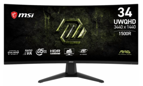 Монитор MSI 34" MAG 346CQDF E20 1500R, 21:9, VA, 0,5ms, 300cd, UWQHD 200Hz/FHD 400Hz, HDMI, D