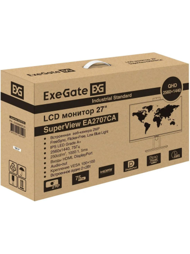 Монитор ExeGate 27" EA2707CA SuperView {IPS 2560x1440 75Hz 5ms 16:9 250cd 1000:1 178/178 HDMI DisplayPort USB webcam AudioOut HAS pivot} [EX298883RUS]