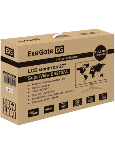 Монитор ExeGate 27" EH2707A SuperView {IPS 1920x1080 100hz 5ms 16:9 250cd 1300:1 178/178 D-Sub HDMI DisplayPort VESA} [EX298354RUS]