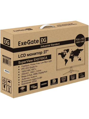 Монитор ExeGate 27" EH2700CA SuperView {IPS 1920x1080 100hz 3-5ms 16:9, 250cd/m2, 1300:1 178/178 Speakers D-Sub HDMI DisplayPort AudioOut} [EX300398RUS]