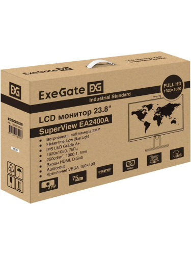 Монитор 23.8" ExeGate SuperView EA2400A {IPS 1920x1080 75Hz 5ms 16:9 250cd 1000:1 178/178 D-Sub HDMI webcam AudioOut} [EX298879RUS]