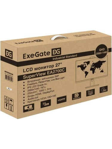 Монитор ExeGate 27" EA2700C SuperView {IPS 2560x1440 75Hz 5ms 16:9 250cd 1000:1 178/178 HDMI DisplayPort USB webcam AudioOut} [EX298882RUS]