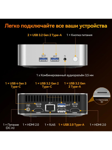 Мини-ПК Geekom A8 MAX, AMD Ryzen 7 8745HS / 16 ГБ DDR5 / 1024 ГБ SSD / AMD Radeon Graphics / Windows 11 Pro, серебристый (GMA8MAXR78745HS-161-EU)